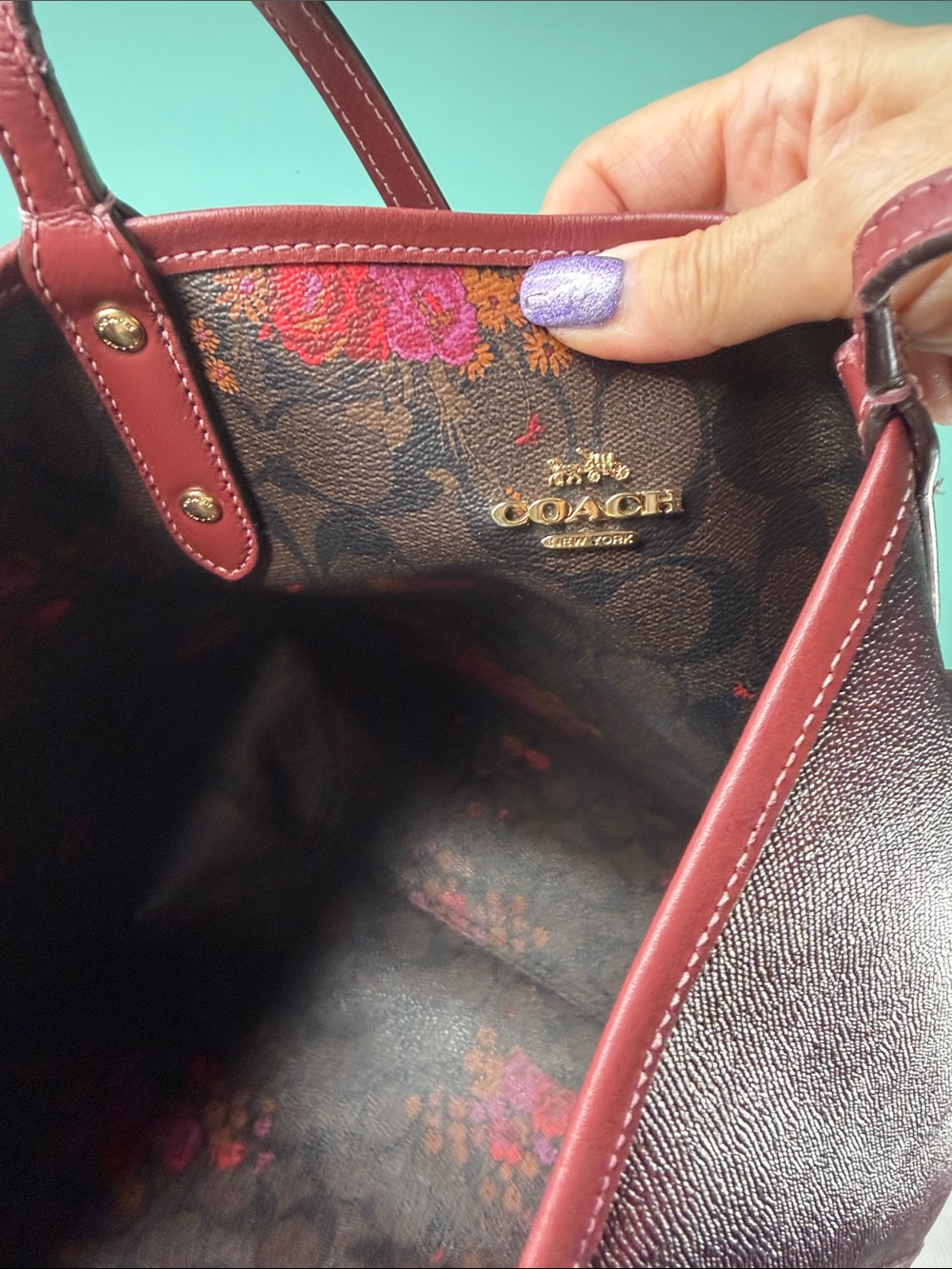 Coach Large Wine Red Leather Tote with Floral Lining - Picture 9 of 15
